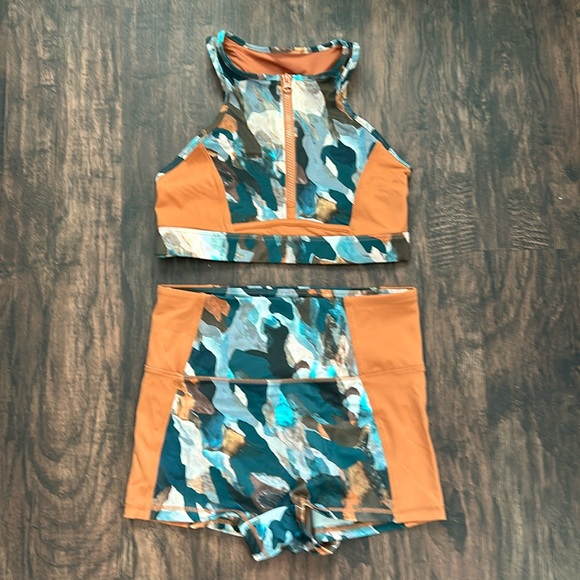 Fabletics Zip Up Midi Swim Top in Paintbrush Camo/Sequoia - Picture 2 of 7